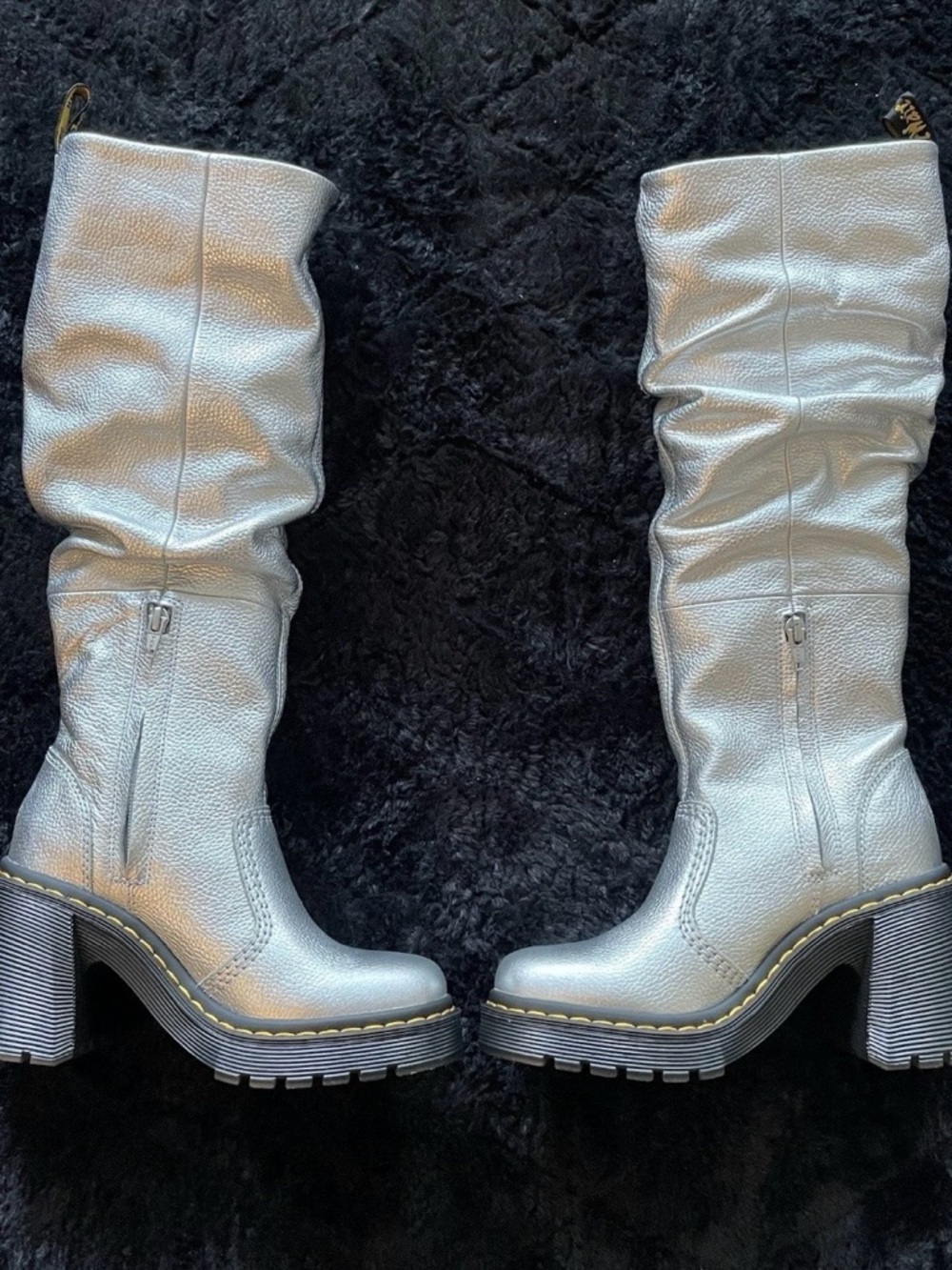 Dr Martens Kasey Metallic Leather Knee High Ruffled Boots Womens NEW - Picture 2 of 4